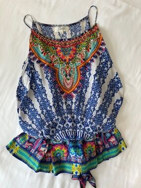Camilla Blue, Orange & Multicolor Printed Spaghetti-Strap Silk Top 1